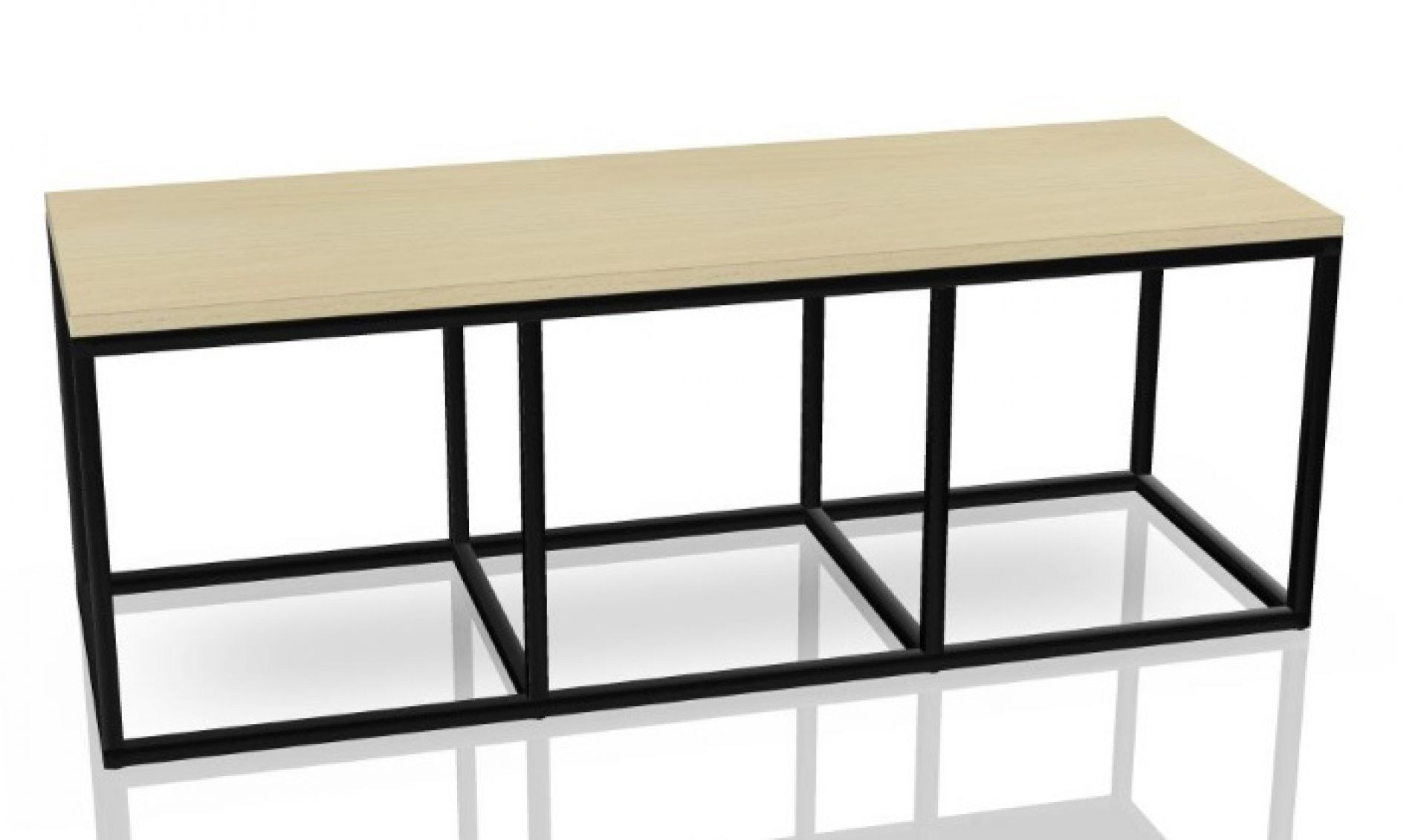 P4 Bank von Palmberg, 116 cm breit, mit hellem Holz und schwarzem Metallgestell.